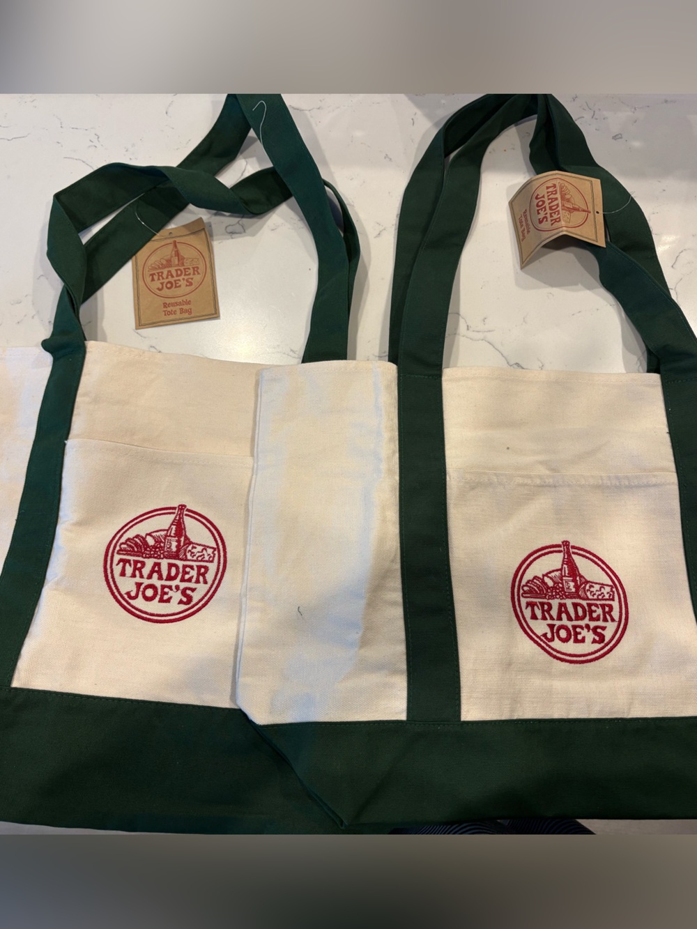 Trader Joe's Dark Green and Cream Canvas Tote Bag